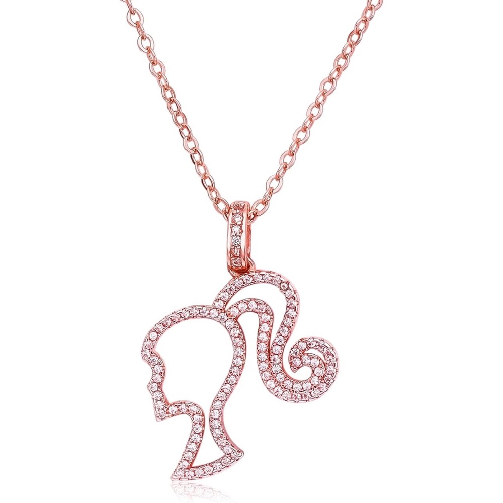 NEW 💗 Women's Rose Gold Barbie Dainty Necklace Logo Head Movie Sparkly Gift